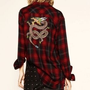 Zara Black/Red Plaid Dragon Embroidered Button Down Flannel XS